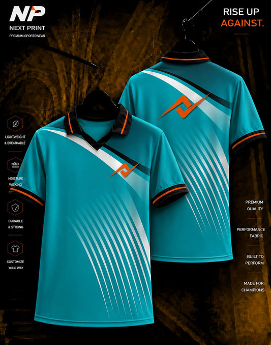 Next Print Aqua Flow Premium Polo Jersey with aqua gradient design, white racing curves, black polo collar, and custom sportswear front and back mockup.