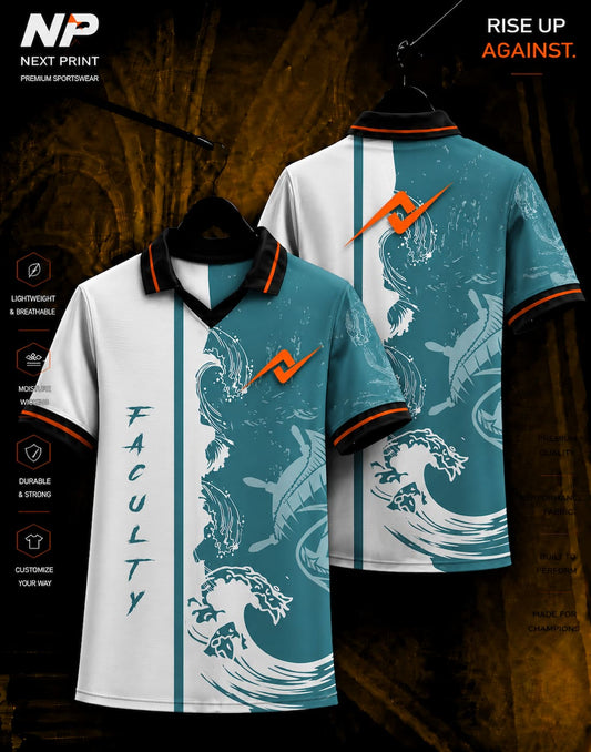Next Print premium aqua wave polo sports jersey front and back mockup with custom logo