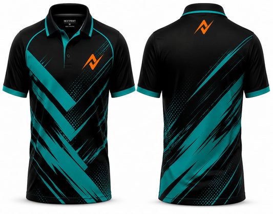 Front and back view of the NextPrint AquaStrike black and teal cricket jersey featuring a premium polo collar, geometric sublimation design, and NextPrint logo on the chest and back neck.