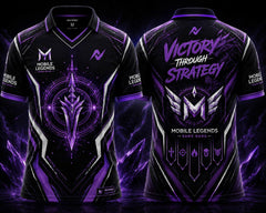 Front and back view of the NextPrint Arcane Dominion Mobile Legends jersey featuring black, purple, and silver graphics with arcane blade artwork and futuristic esports styling.