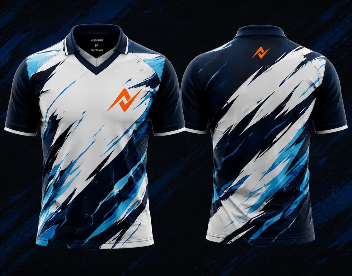 Front and back view of the NextPrint Arctic Storm esports jersey featuring white, navy blue, and electric blue brush-stroke graphics with orange logo placement on the chest and upper back neck area.