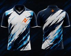 Front and back view of the NextPrint Arctic Storm esports jersey featuring white, navy blue, and electric blue brush-stroke graphics with orange logo placement on the chest and upper back neck area.