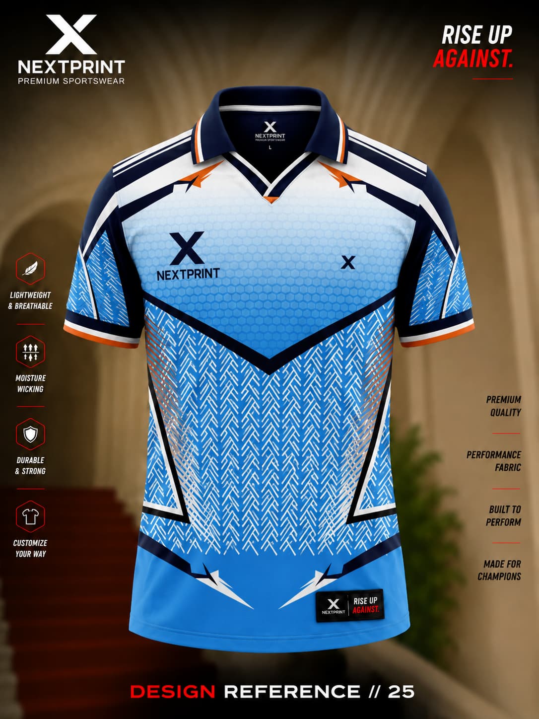 NextPrint Arctic Strike polo cricket jersey featuring a sky blue hexagonal chest pattern, navy panels, geometric graphics, and premium dry-fit performance fabric.