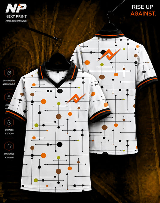 Next Print premium polo jersey with atomic dot geometric sublimation pattern shown in front and back views.