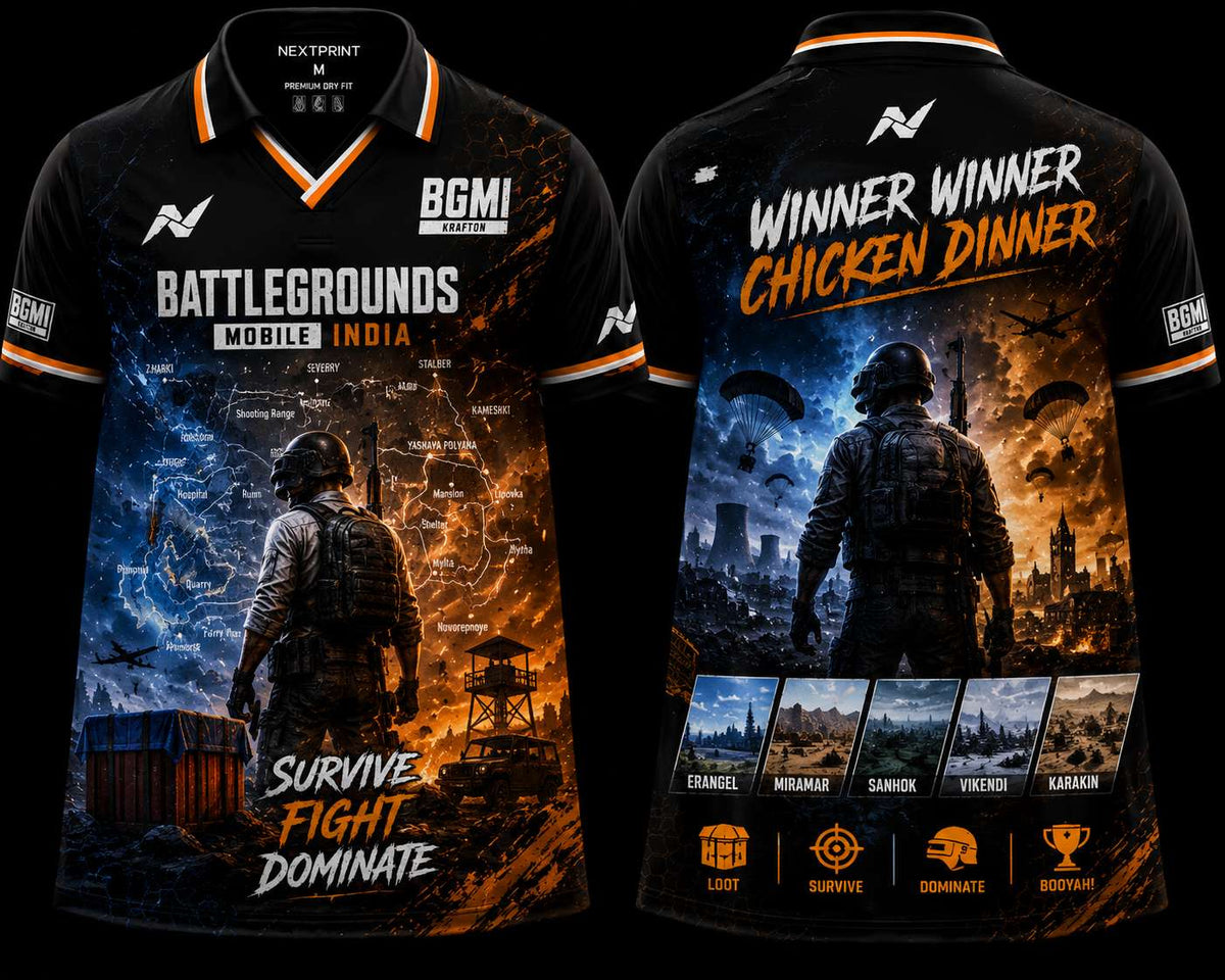 NextPrint BGMI Battleground Maps premium V-neck esports jersey featuring battleground map artwork, survival soldier graphics, and Winner Winner Chicken Dinner themed front and back design.