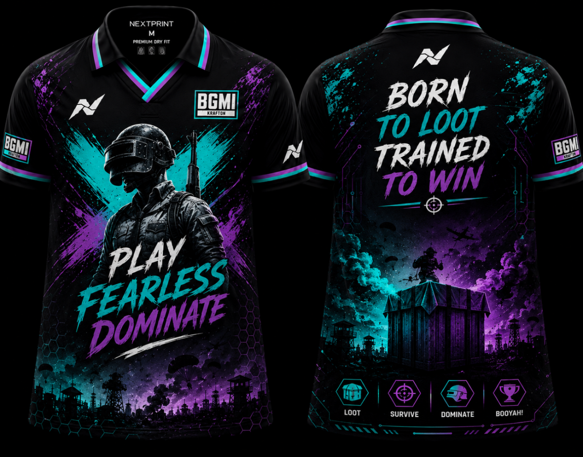 NextPrint BGMI Cyberpunk Neon Warrior premium V-neck esports jersey featuring futuristic neon blue and pink gaming artwork with front and back design.