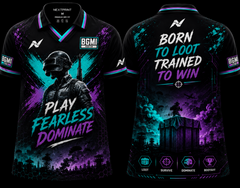 NextPrint BGMI Cyberpunk Neon Warrior premium V-neck esports jersey featuring futuristic neon blue and pink gaming artwork with front and back design.