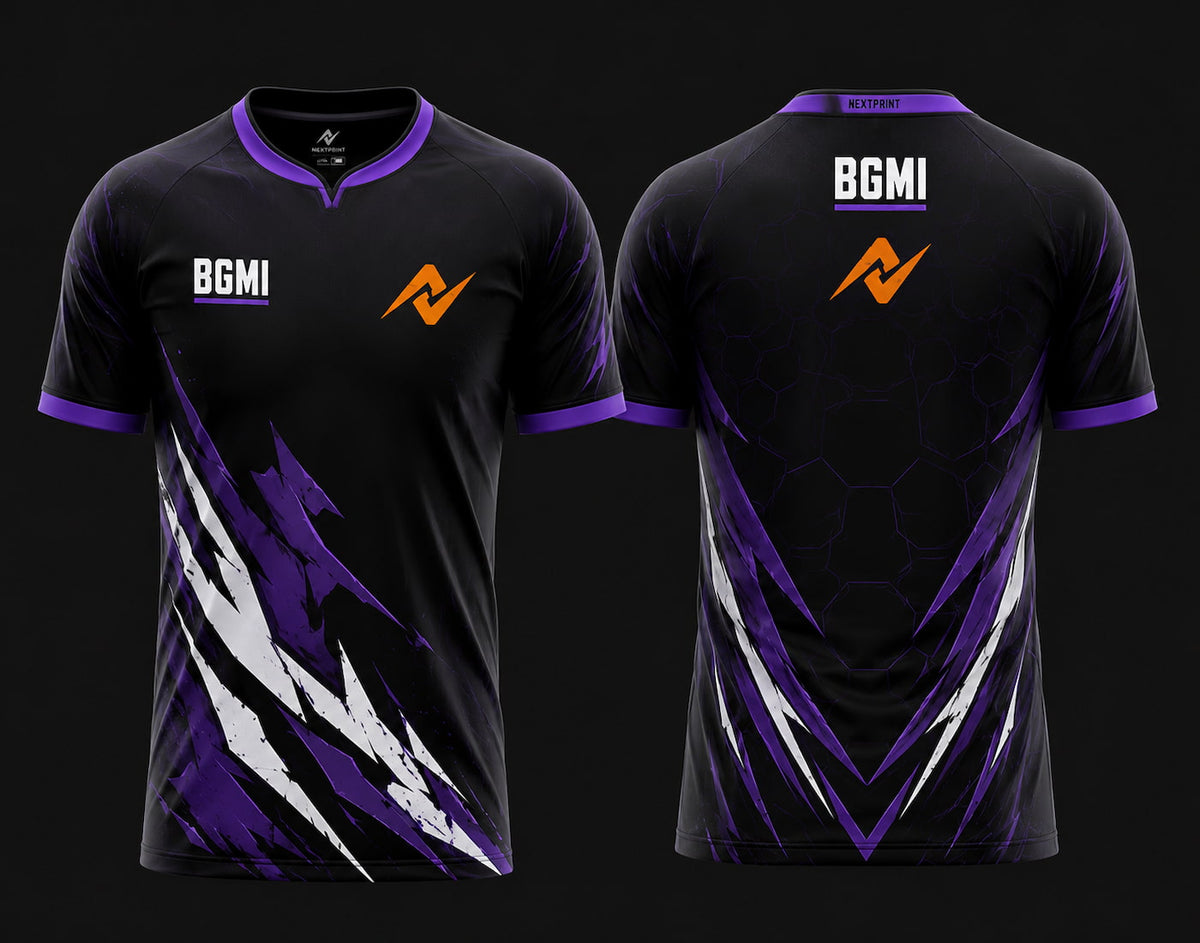 NextPrint BGMI Design 02 Purple Esports Jersey front and back view with premium sublimation print
