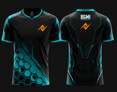 NextPrint BGMI Design 03 Cyan Esports Jersey front and back view with futuristic hexagon gaming pattern
