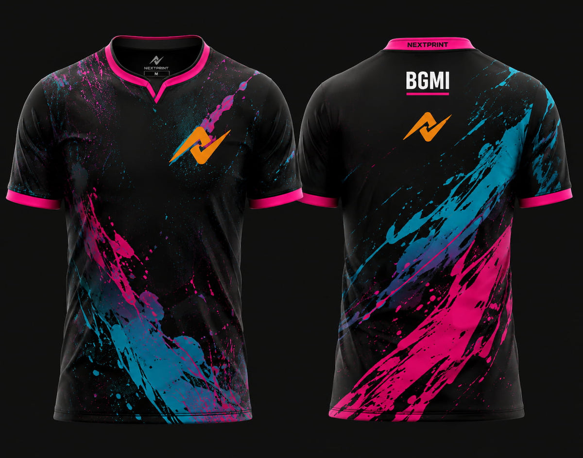 Front and back view of NextPrint BGMI Esports Jersey Design No.08 featuring black base with cyan and magenta splash graphics and premium sublimation print.