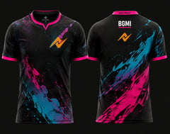 Front and back view of NextPrint BGMI Esports Jersey Design No.08 featuring black base with cyan and magenta splash graphics and premium sublimation print.