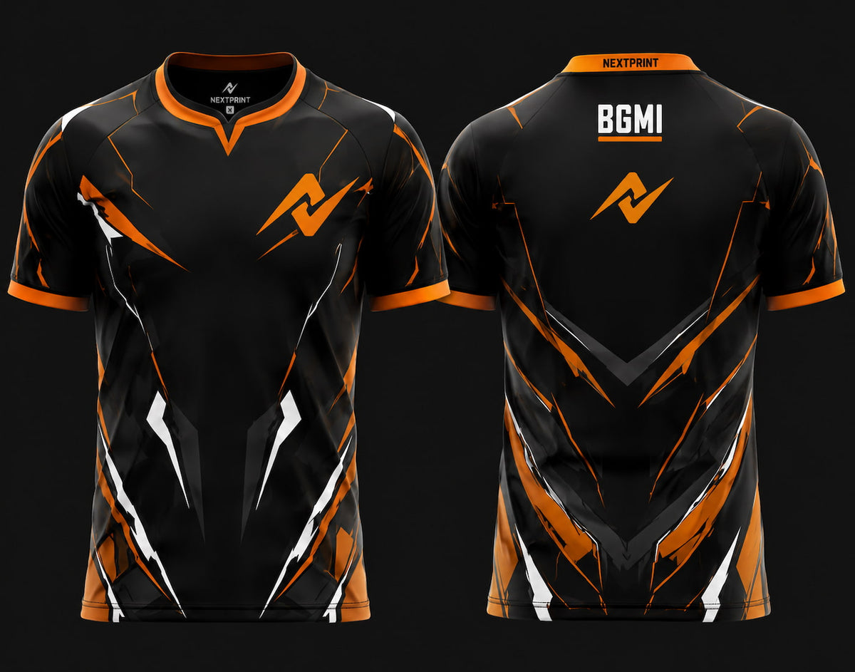 Front and back view of NextPrint BGMI Inferno Strike Orange esports jersey featuring black fabric with orange and white futuristic graphics.