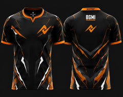 Front and back view of NextPrint BGMI Inferno Strike Orange esports jersey featuring black fabric with orange and white futuristic graphics.
