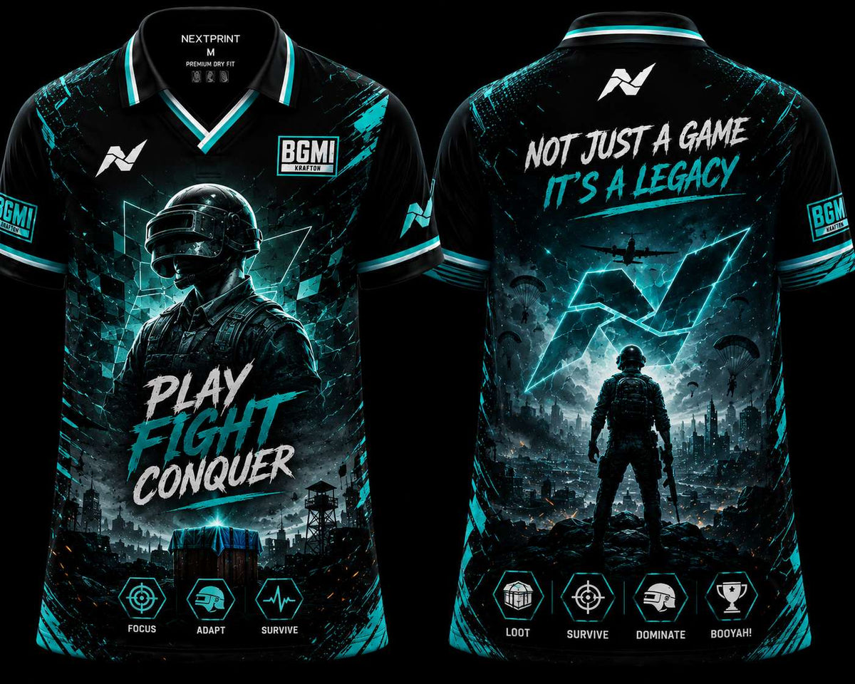 NextPrint BGMI Legacy Edition premium black and cyan V-neck esports jersey featuring battleground soldier artwork and Play Fight Conquer front and back design.