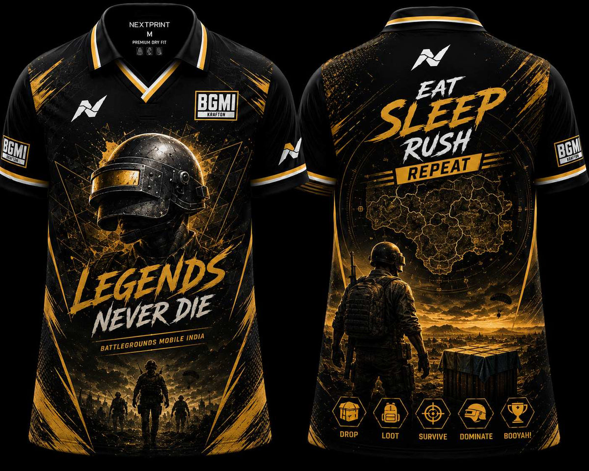 NextPrint BGMI Legends Never Die premium black and gold V-neck esports jersey featuring battleground helmet artwork and motivational gaming slogans on front and back.