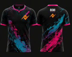 Front and back view of NextPrint BGMI Neon Splash Pink esports jersey featuring black fabric with neon pink and cyan splash graphics.