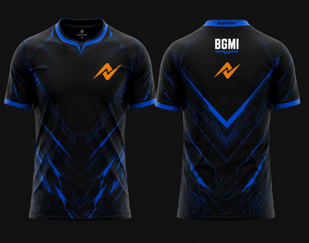 Front and back view of NextPrint BGMI Shadow Strike Purple Esports Jersey with black base and purple energy graphics.
