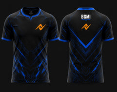 Front and back view of NextPrint BGMI Shadow Strike Purple Esports Jersey with black base and purple energy graphics.