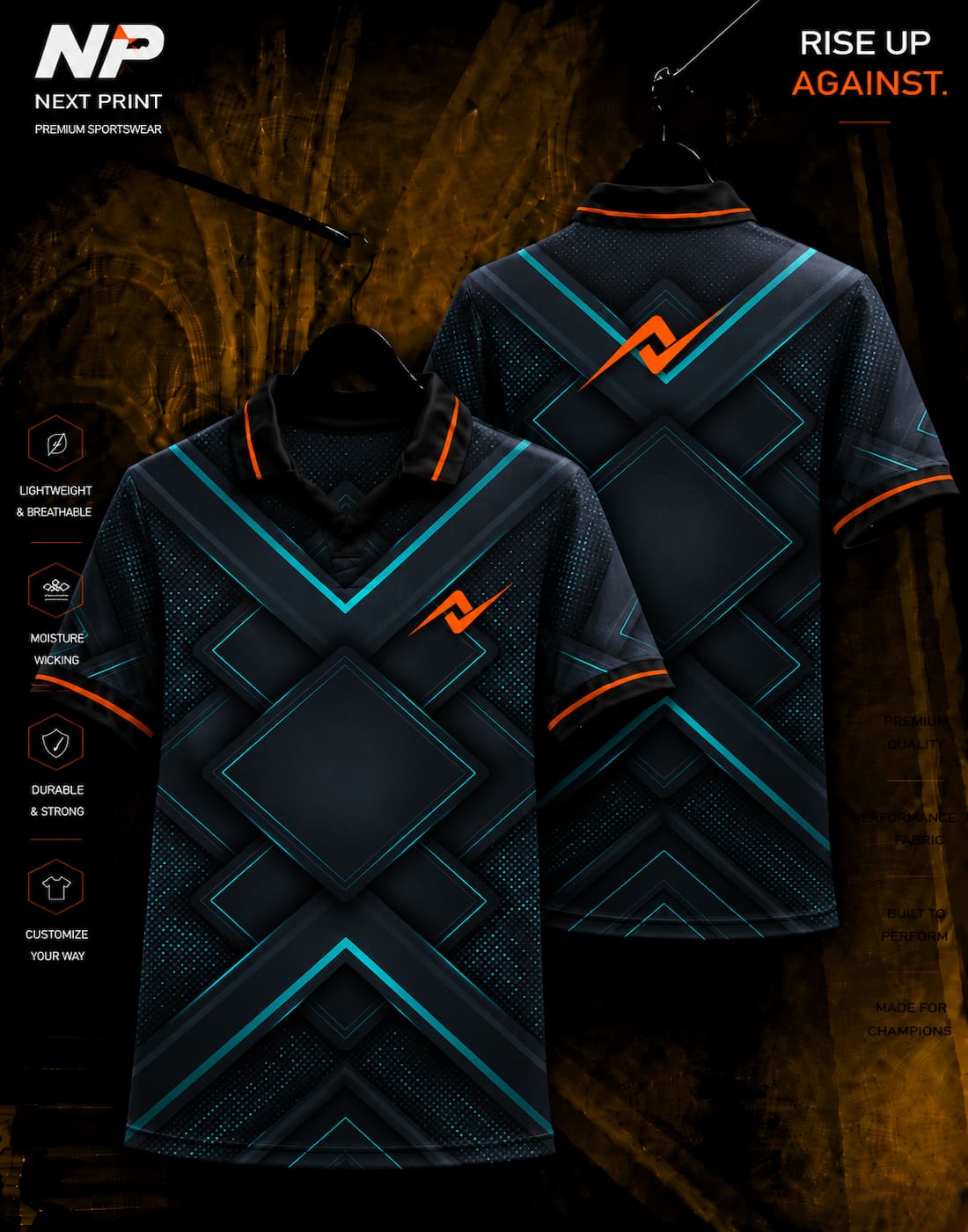 Black and teal geometric performance polo jersey with premium sublimation print, front and back view by NextPrint.
