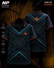 Black and teal geometric performance polo jersey with premium sublimation print, front and back view by NextPrint.
