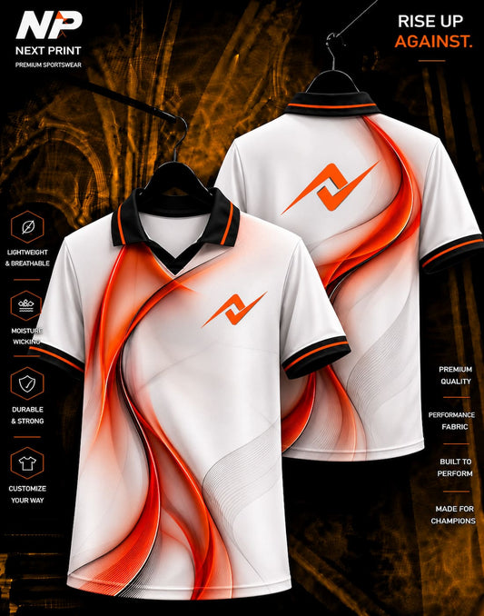 Next Print Blaze Flow premium white and orange sublimation polo jersey front and back mockup for custom sportswear