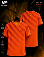Orange gradient sports jersey with diagonal pinstripe design by NextPrint, front and back premium custom team jersey mockup.