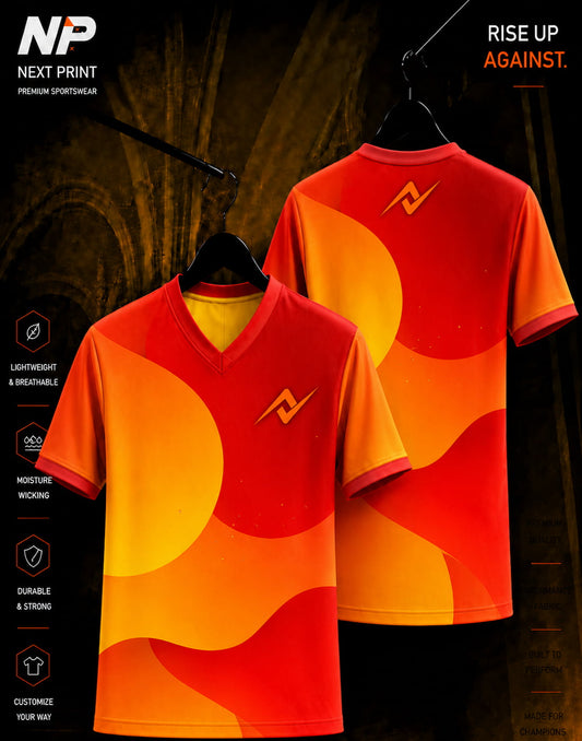 Next Print Blaze Wave Orange Red Custom Esports Jersey featuring premium sublimation design with front and back views.