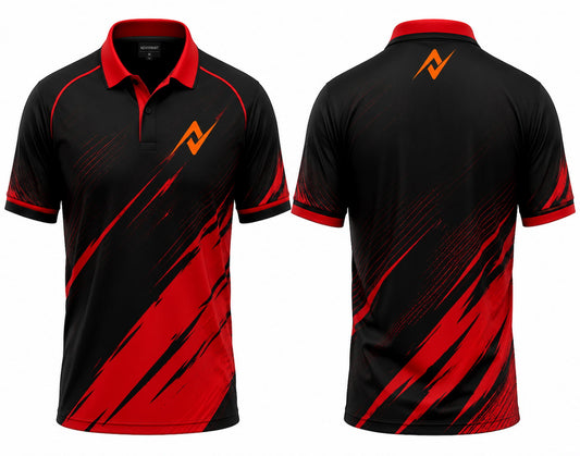 Front and back view of NextPrint BlazeStrike black and red sublimation cricket jersey with polo collar and NextPrint logo on chest and back neck.