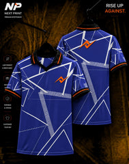 Blue geometric sublimation polo jersey front and back mockup with premium performance sportswear design by Next Print.