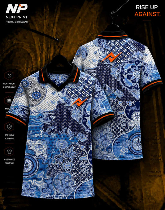 Front and back view of Next Print premium blue paisley sublimation polo jersey with breathable performance fabric and custom sportswear design.