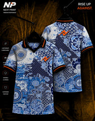 Front and back view of Next Print premium blue paisley sublimation polo jersey with breathable performance fabric and custom sportswear design.