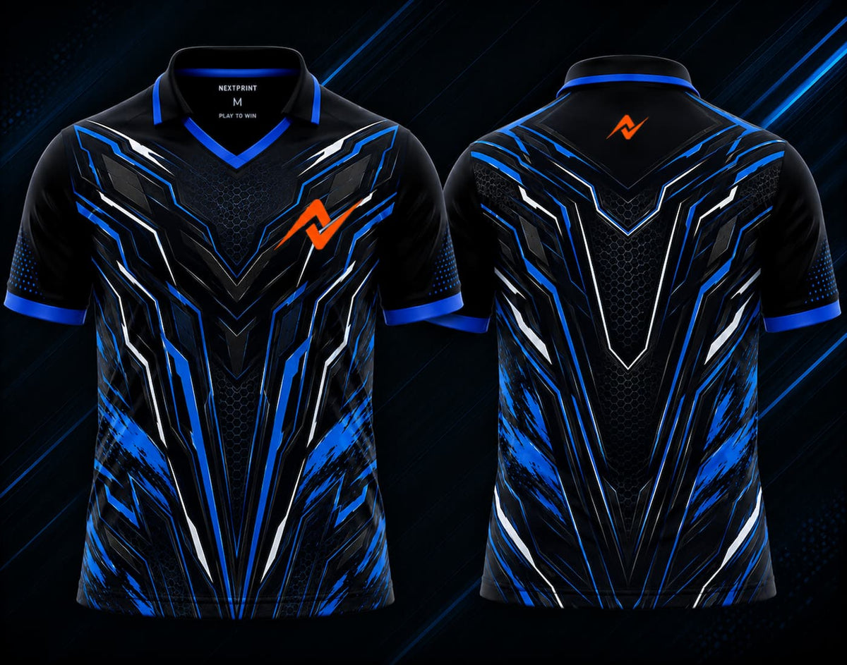 Front and back view of the NextPrint Blue Titan esports jersey featuring black, electric blue, and silver cyber armor graphics with orange logo placement on the chest and upper back below the collar.