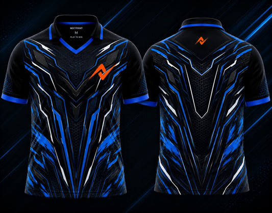 Front and back view of the NextPrint Blue Titan esports jersey featuring black, electric blue, and silver cyber armor graphics with orange logo placement on the chest and upper back below the collar.