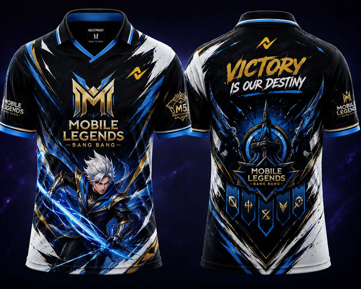 Front and back view of the NextPrint Celestial Warrior Mobile Legends jersey featuring black, blue, white, and gold esports graphics with hero-inspired artwork and championship-themed design elements.
