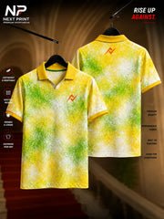 Yellow, green, and white abstract dry-fit polo sports jersey featuring a textured spray pattern with front and back views by NextPrint.