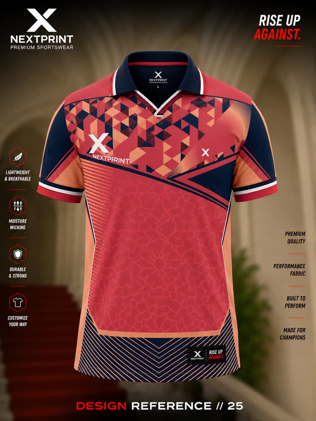 NextPrint Coral Matrix polo cricket jersey featuring coral red, navy blue and peach geometric graphics with premium dry-fit performance fabric.
