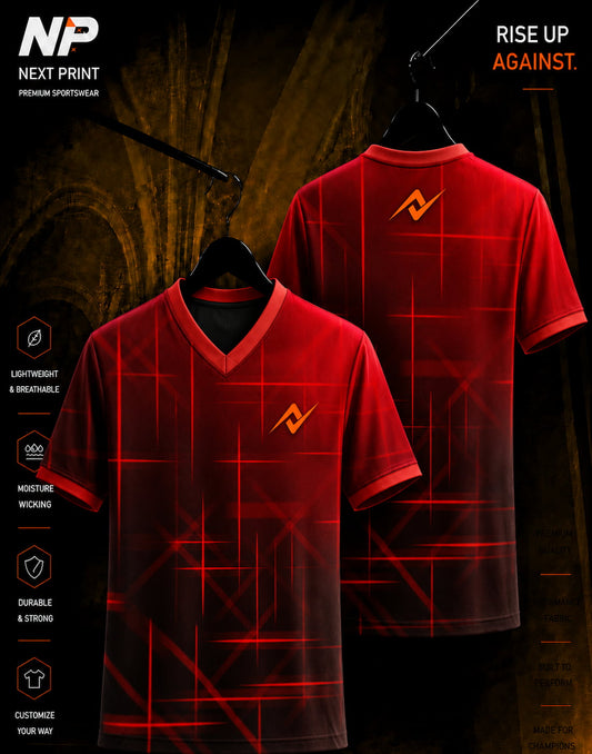 Front and back view of NextPrint crimson red geometric grid sublimation V-neck sports jersey with premium performance fabric.