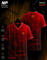 Front and back view of NextPrint crimson red geometric grid sublimation V-neck sports jersey with premium performance fabric.