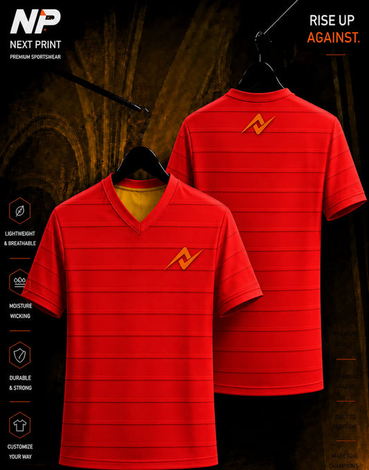 Premium crimson red sports jersey with horizontal stripe texture, front and back custom sublimation team jersey by NextPrint.