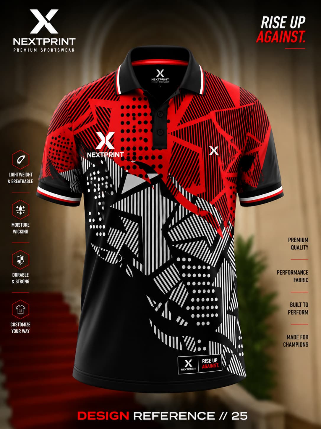 NextPrint Crimson Matrix polo sports jersey featuring bold red, black, and white geometric graphics with premium dry-fit performance fabric.