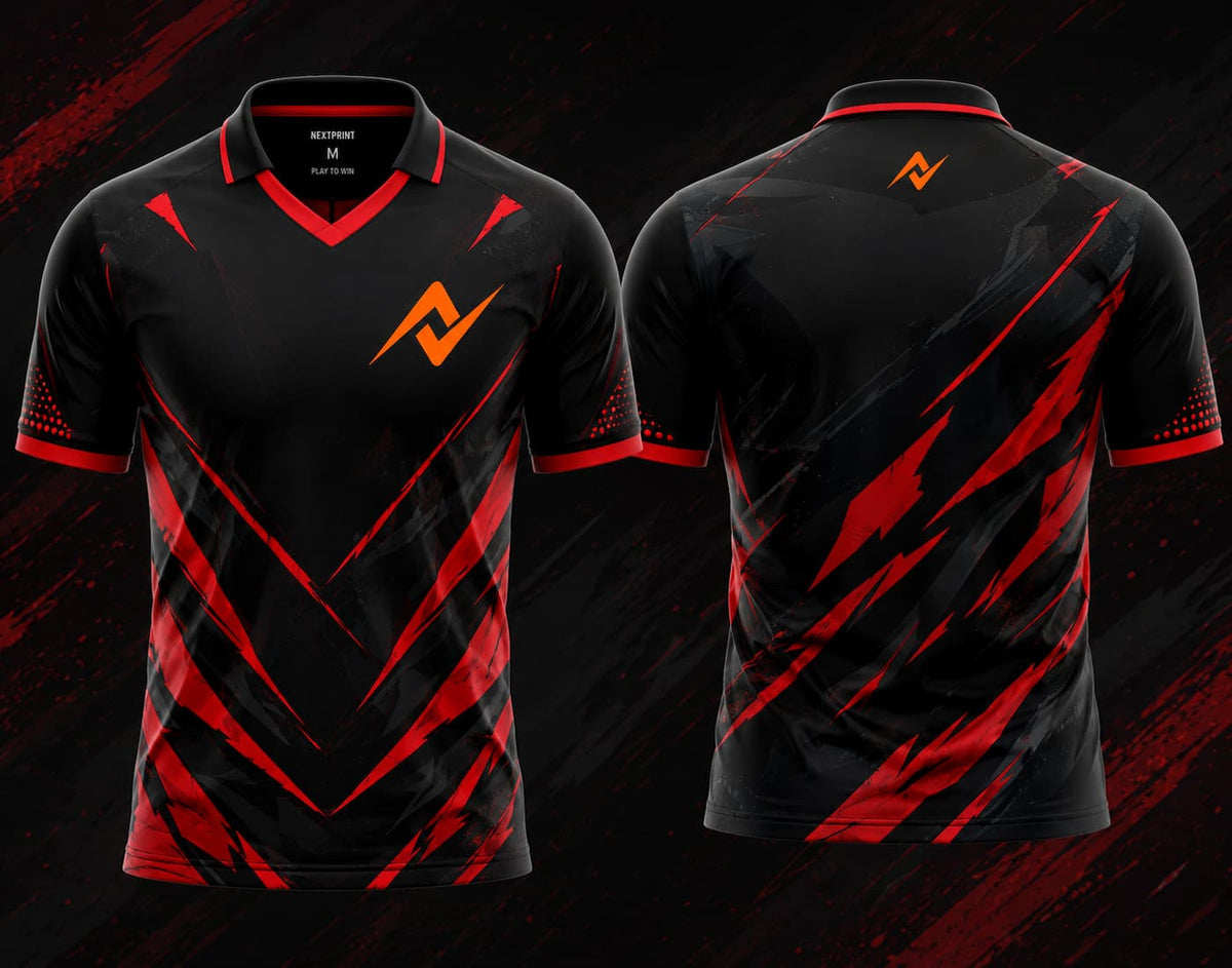 Front and back view of the NextPrint Crimson Strike esports jersey featuring black and red claw-strike graphics with orange logo placement on the chest and upper back neck area.