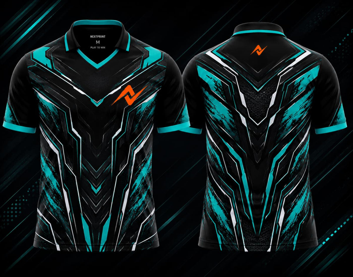 Front and back view of the NextPrint Cyber Nova esports jersey featuring black, cyan, and silver futuristic graphics with orange logo placement on the chest and upper back below the collar.