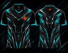 Front and back view of the NextPrint Cyber Nova esports jersey featuring black, cyan, and silver futuristic graphics with orange logo placement on the chest and upper back below the collar.