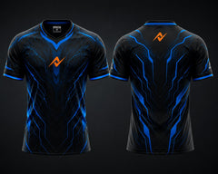 Front and back view of the NextPrint Cyber Surge black and electric blue esports jersey featuring an orange logo on the chest and upper back neck with futuristic circuit patterns.