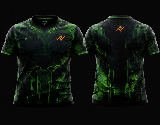 Front and back view of NextPrint Cyber Venom black and neon green esports jersey designed for Free Fire and BGMI teams.