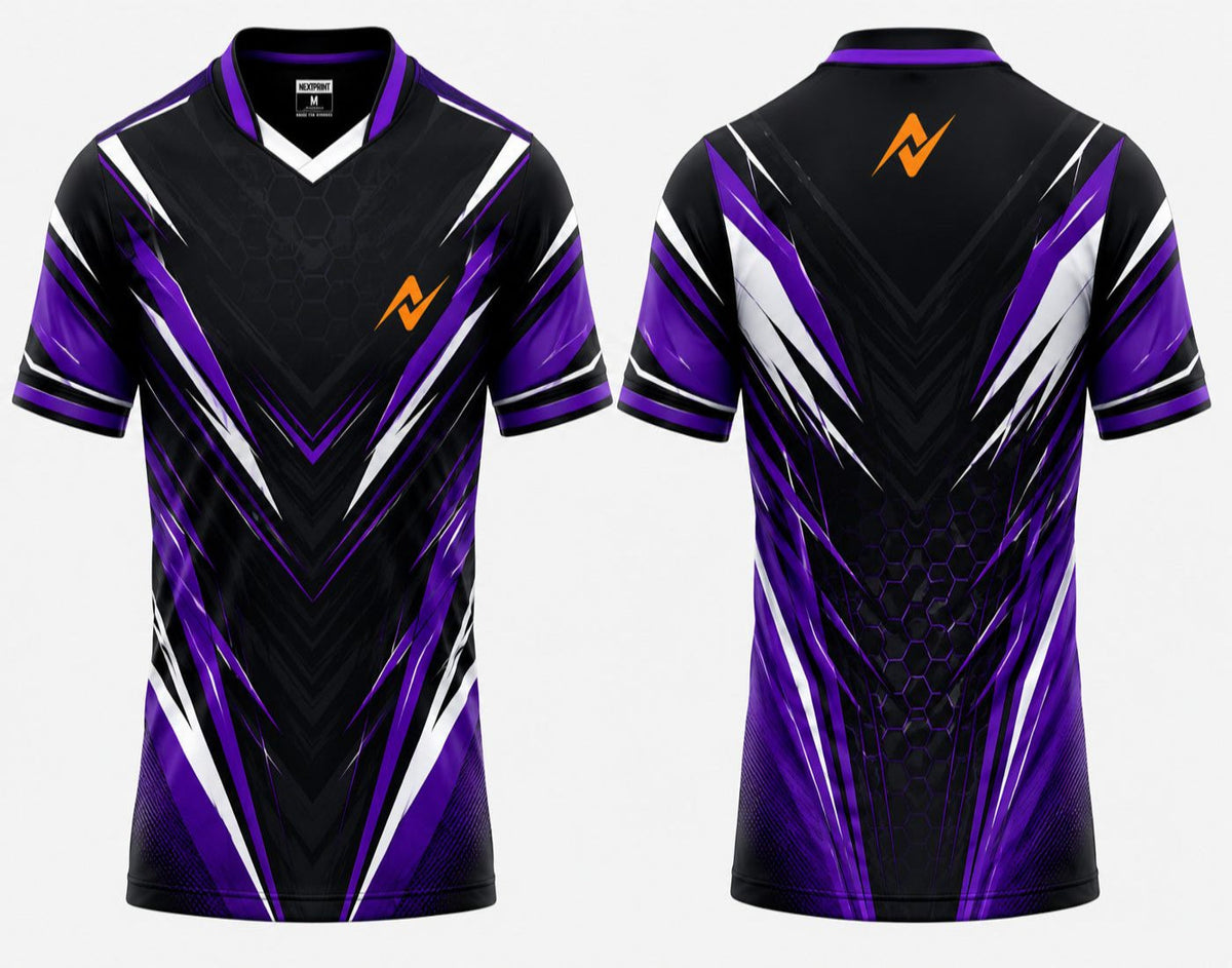 Front and back view of the NextPrint Cyber Vortex black and purple esports jersey featuring orange logo placement on the chest and upper back neck area with aggressive V-shaped graphics.
