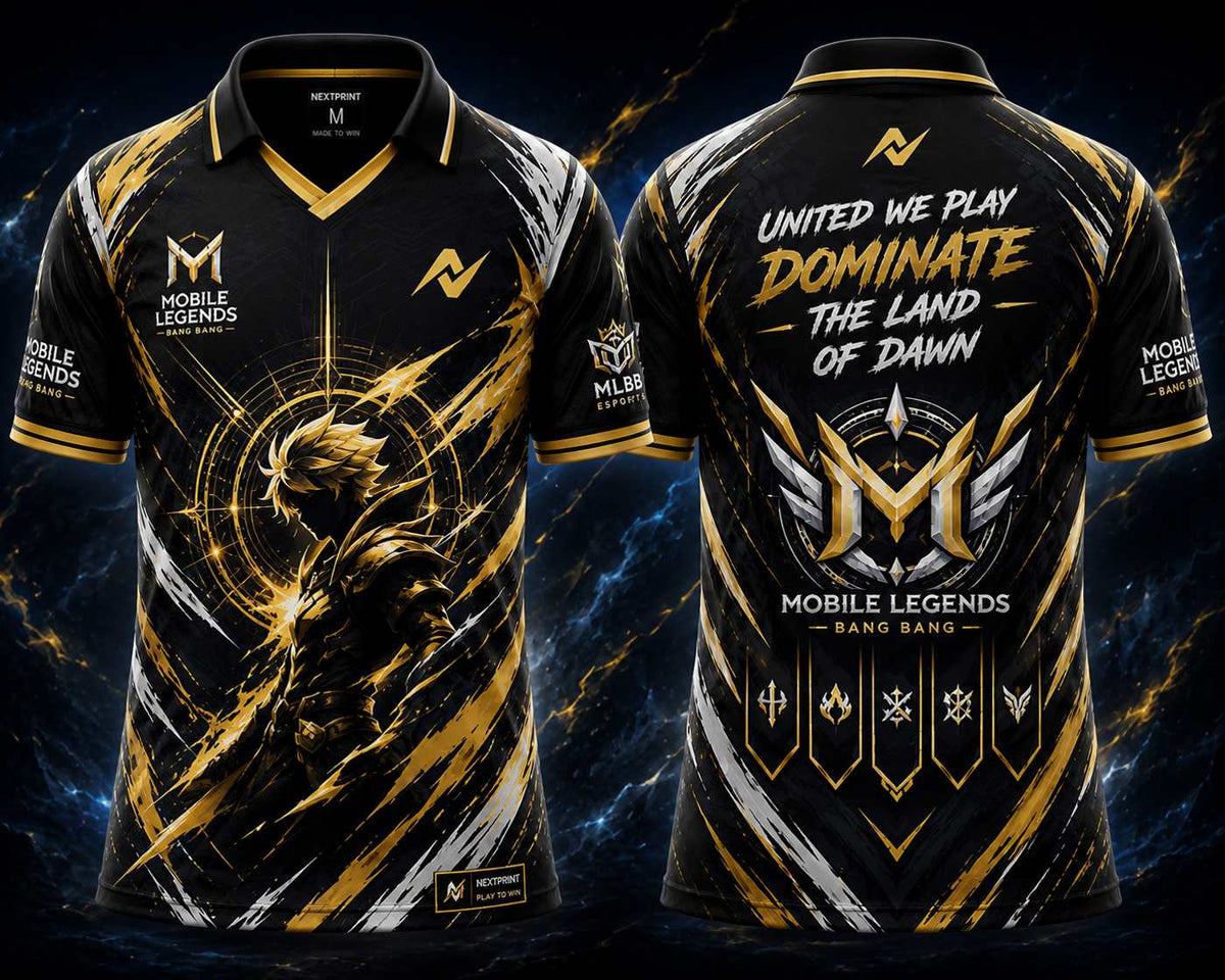 Front and back view of the NextPrint Dawn Conqueror Mobile Legends jersey featuring black, gold, and silver esports graphics with heroic warrior artwork and championship-inspired design styling.