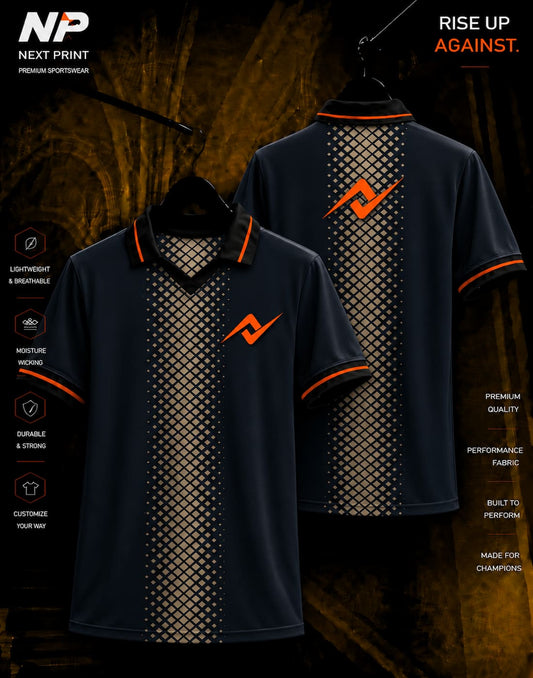 NextPrint black polo jersey featuring a gold diamond grid center panel with orange logo, front and back premium sportswear mockup