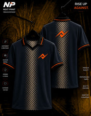 NextPrint black polo jersey featuring a gold diamond grid center panel with orange logo, front and back premium sportswear mockup