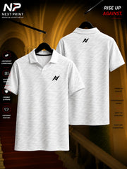 Premium white textured polo sports jersey with subtle zigzag pattern, V-neck polo collar, front and back view, custom dry-fit sportswear by Next Print.